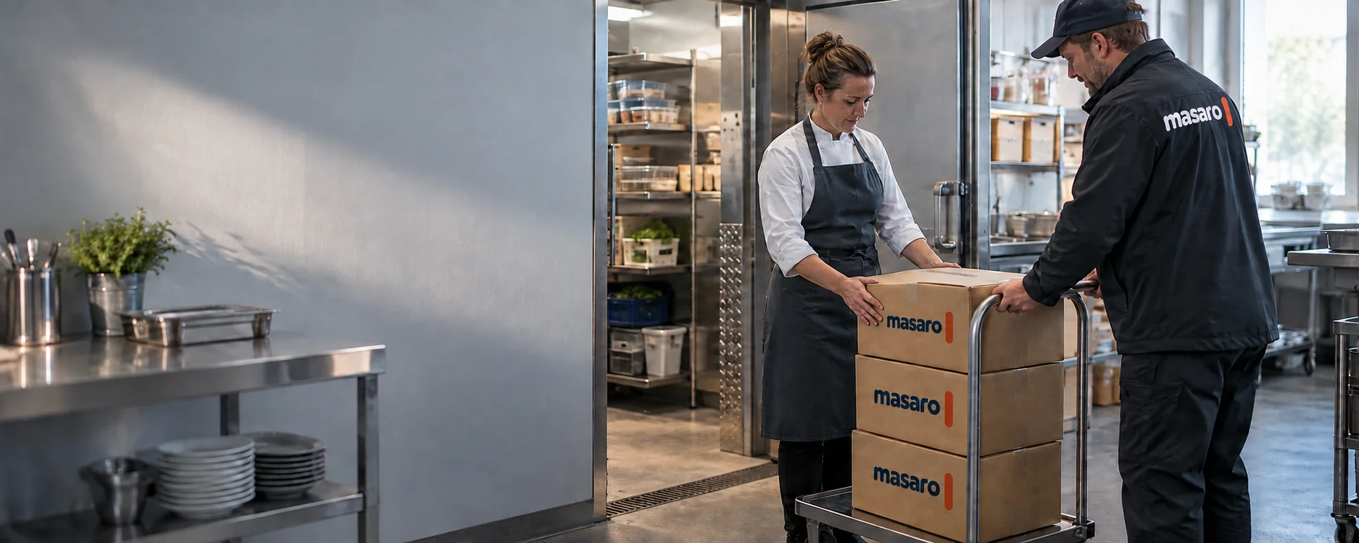 A restaurant chef takes in boxes from a driver at the goods door of a professional kitchen.